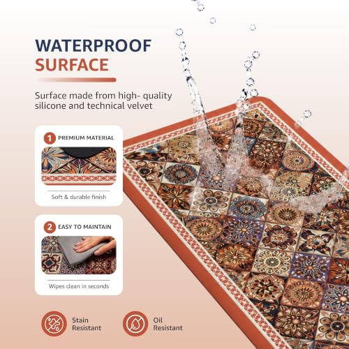 Image of Amazon Brand - Solimo Silicone Kitchen & Bath Mat (Pack of 2) | Multi color with Orange colored border| Anti-Fatigue Comfort Foam | Waterproof & Anti-Slip | 60 x 40 cm & 40 x 120 cm| Quick-Dry & Easy Clean