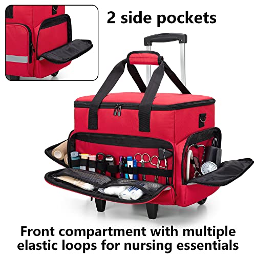 Image of CURMIO Rolling Medical Bag with Wheels, First Aid Kits Case with Removable Dividers, Empty Emergency Response Supplies Bag for Home Health Nurses, Doctors, EMT, EMS Professionals, Red
