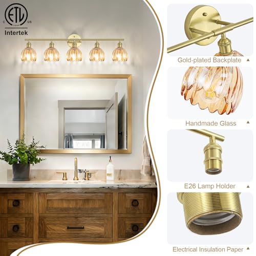 Image of Vintage Bathroom Light fixtures, Gold Vanity Lights, ETL Certified