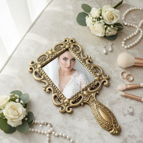Image of KridayKraft Beautifully Carved Square Shape Gold Plating Metal Hand Mirror for Makeup, Travelling, Salon Mirror & Decorative Antique Item, framed