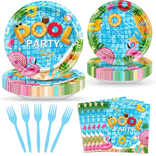 Avezano 96 pcs Pool Party Decor Pool Party Plates and Napkins Sets Summer Beach Birthday Party Decorations Disposable Tableware Serve 24 Guests