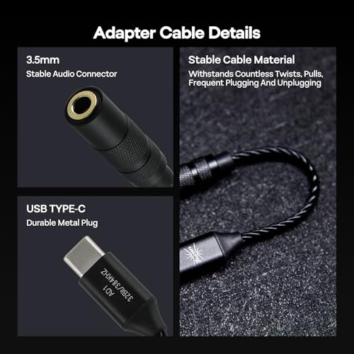 Image of Linsoul Kiwi Ears AD1 Type-C to 3.5mm Female Headphone DAC Adapter Cable, USB C to Aux IEM Dongle with KT02H20 Chip, High Res 32bit /384kHz, CTIA-Standard for iOS /Android /Windows Smartphones (Black)