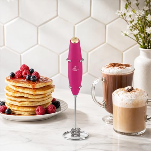 Image of Zulay Kitchen Powerful Milk Frother Wand With Duracell Batteries - Ultra Fast Handheld Drink Mixer - Electric Whisk Foam Maker for Coffee, Lattes, Cappuccino & Matcha - Triple Whisk - Magenta Gold