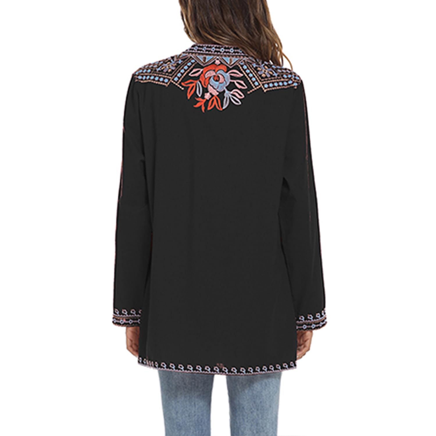 Bluse Stickerei Damen,Folklore Bluse Damen Stickerei Mexiko,Langarm Hippie Kleidung Boho Rundhalsausschnitt Blouse mit Blume Stickerei