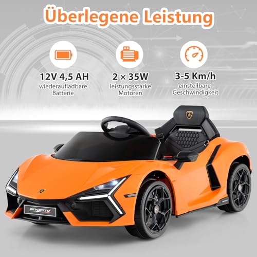 COSTWAY Elektroauto für Kinder, Lamborghini Revuelto, 12V Elektro Kinderauto mit LED Scheinwerfer & Hupe & Musik, 3-5 km/h, Elektrofahrzeug für Kinder ab 3 Jahren, inkl. Fernbedienung (Orange) – Bild 5