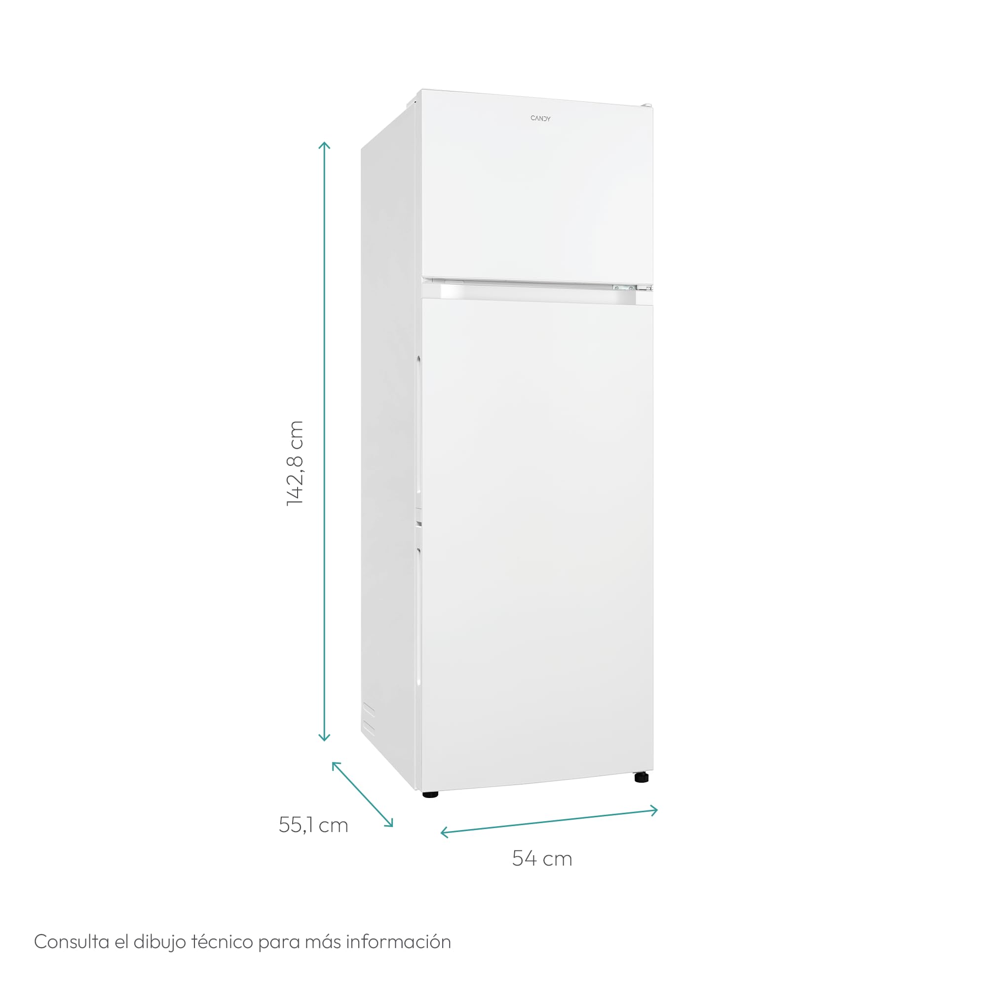 Candy CDG1S514EW - Frigorífico Combi, 211L, Cajón Verdulero, Iluminación LED, Puerta Reversible, 41DB, Alarma de Puerta, Ancho 55cm, Altura 1,45m, Blanco