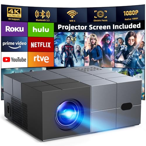 YOWHICK 20000LM 1080P WiFi & Bluetooth Portable Projector with Screen, 4K Supported Home Cinema Projector in Grey