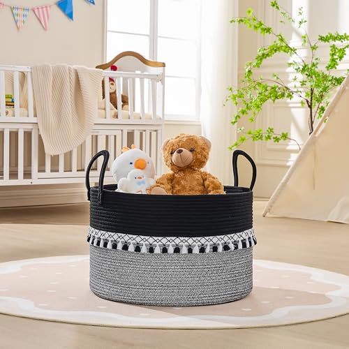 Image of KAKAMAY Cotton Rope Storage Basket (20 inchx13 inch),Woven Hamper for Blankets,Toys,Pillows,Clothes,Laundry,Sturdy Handles Decorative Basket for Living Room, Bedroom,Nursery(Black Printing)
