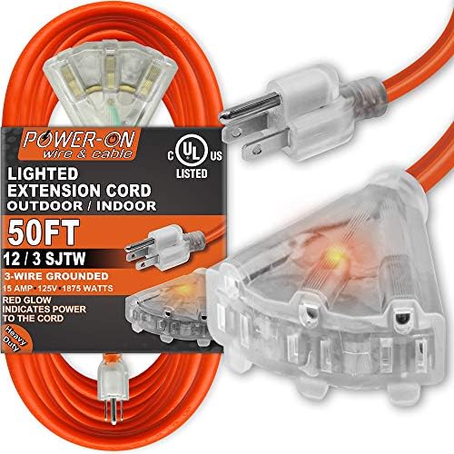Kasonic 50 Feet 3 Outlet 12/3 SJTW Outdoor Extension Cord - UL Listed; 15Amp 125V 1875 Watts; Heavy Duty; Red Glow Indicates; Power-On Series (Orange)