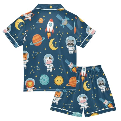 Satin Pajama Sets Short Sleeve Space Animals in Astronauts Button Down Silky Nightwear 2 Piece PJS 5-14Y2