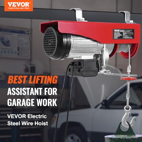 VEVOR Elektrische Seilwinde, 1200 kg Motorwinde mit 4,2 m kabelgebundener Fernbedienung, 12 m Hubhöhe mit Einzelkabel, Einzel-/Doppelschlingen, Not-Aus, Hebezeug für Garage, Lager, Fabrik