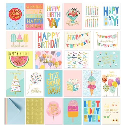 24 Unique Happy Birthday Cards - Gold Foil Birthday Cards Bulk With Colored Envelopes, Holographic Birthday Cards Assortment in Bulk for Family, Kids, Friends, Work & Office Celebrations.