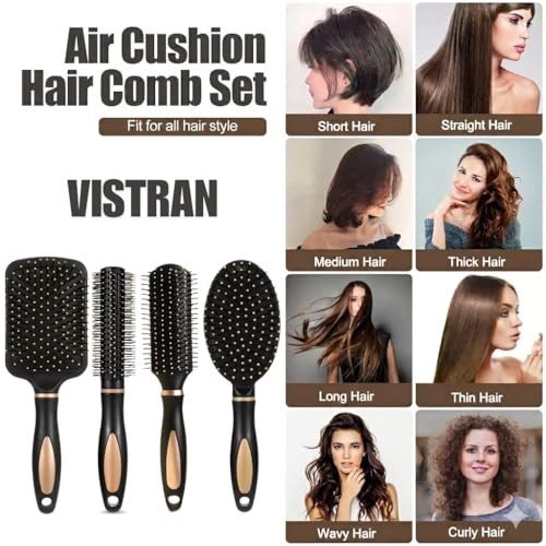 Image of Hair Brush Set for Women Men | 4pcs Includes Anti-Static Massage Oval Comb, Paddle Comb, Vented Detangling Brush & Round Hair Brush For Use Wet Dry Curly and Straight Hair