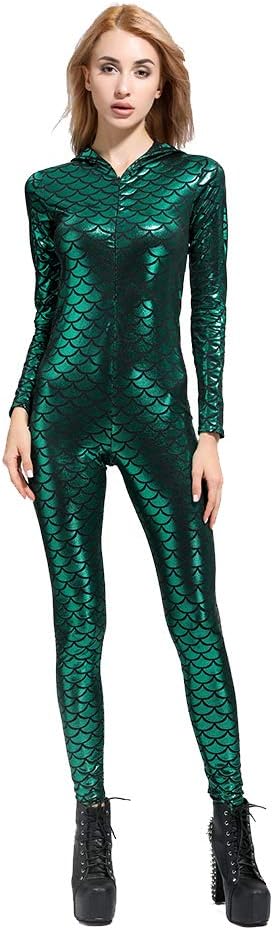 Women's Sexy Metallic Fish Scale Mermaid Bodysuit Shiny Unitard Costumes(green,M)