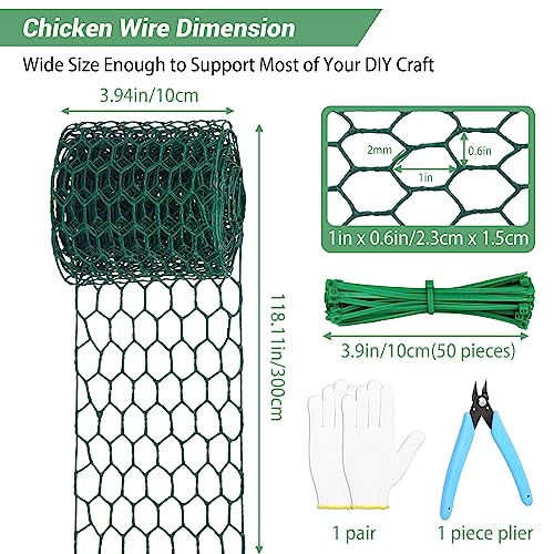 Image of Floral Chicken Wire for Craft,4 x 118 Inch Lightweight Galvanized Hexagonal Chicken Wire Netting, 2mm Thickness Chicken Wire Fence for Garden Poultry, Chicken Wire Mesh with Gloves, Wire Ties, Plier