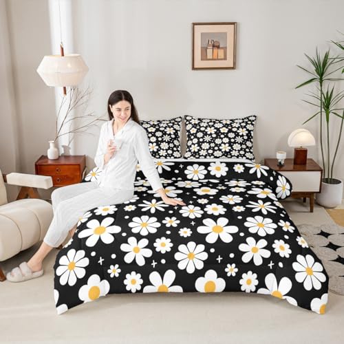 Image of Daisy Flower Bedding Set for Kids Boys Girls Groovy Floral Comforter Set Twin Size Retro Floral Boho Duvet Quilt Bedroom Decor Breathable Soft Lightweight Microfiber Black White 2Pcs