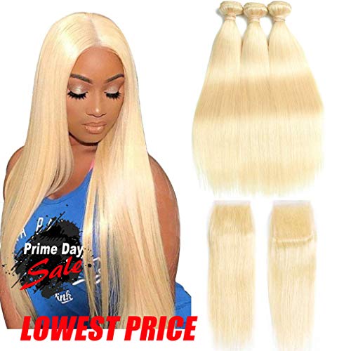 Queen Plus Hair Straight 613 Blonde Hair Bundles With Lace Closure Free Part Honey Blonde Brazilian Virgin Hair Weave 7A Blonde Human Hair (16 18 20 with 14inch)