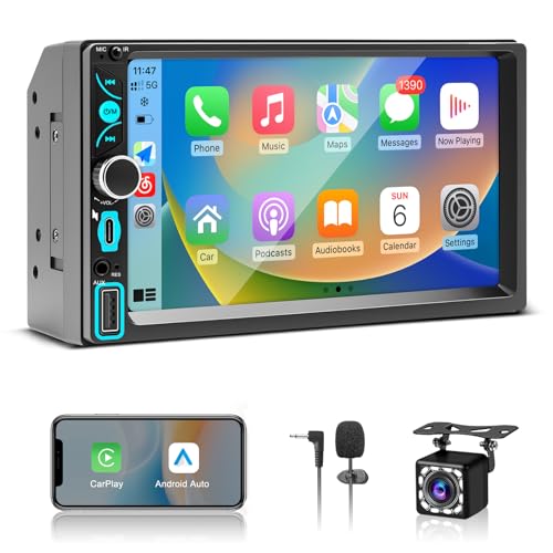 2 DIN Autoradio mit Bildschirm, Wireless Apple CarPlay Android Auto, 7 Zoll HD Touch Display Doppel-Din-Autoradio mit Bluetooth, Mirror Link, FM, AM, RDS, EQ, USB, Type-C, Mic, Rückfahrkamera