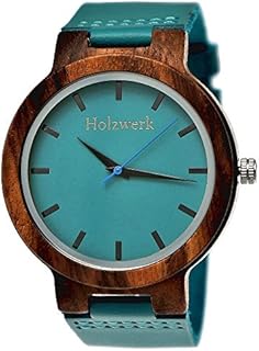 Holzwerk Germany Handgefertigte Designer Damen-Uhr Herren-Uhr Öko Natur Holz-Uhr Leder Armband-Uhr Analog Klassisch Quarz-Uhr in Blau Türkis