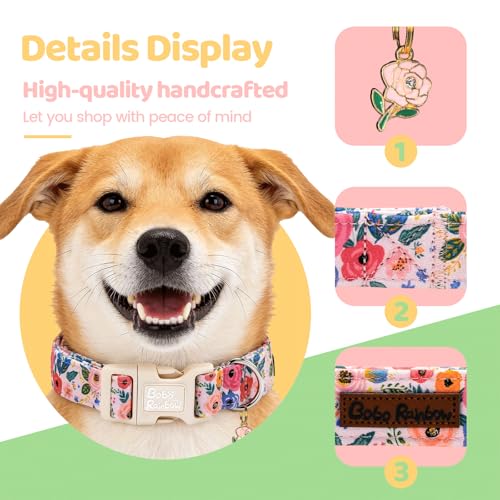 Image of Spring Light Pink Floral Print Dog Collar for Medium Dogs | Garden Walk,Spring Picnic,Daily Walking,Adjustable,Cotton,Lightweight,Quick Release Plastic Buckle,Pendant,Female Dog