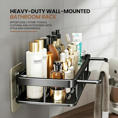 Image of amazon basics Steel Bathroom Organiser Without Drill | Bathroom Accessories & Organizer | 2 Hooks and Towel Holder | Kitchen Sink Organiser | Wall Mounted Shelves Pack of 1
