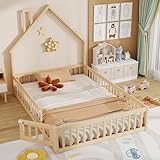 kozamas Cama de 140 x 200 cm, cama plana de madera con rejilla de seguridad y somier, color natural – forma de chimenea individual para habitación infantil