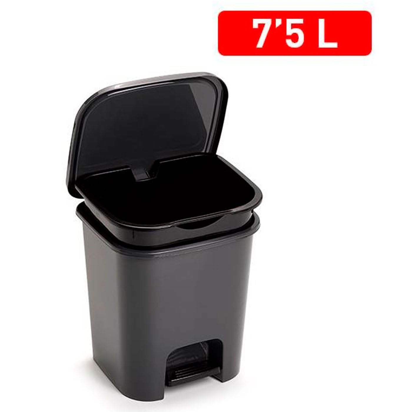 Acan Tradineur - Cubo de basura con pedal, plástico, papelera, oficina, cocina, baño, fabricado en España (Negro - 7,5 litros - 25,5 x 24 x 22 cm)