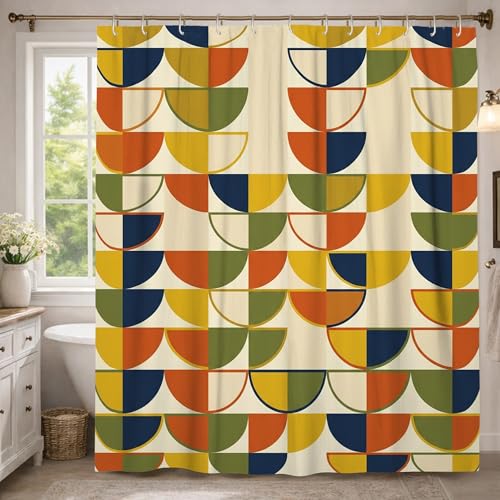 Rideau de douche extra long en tissu imperméable semi-cercles avec blocs de couleurs géométriques modernes et contemporains, orange automne, décoration...
