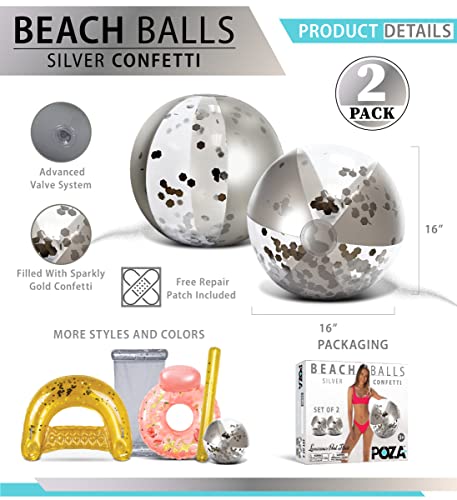 Poza Inflatable Large Beach Ball Pool Set Of 2 - Silver Glitter Confetti 16 Inch Premium Beach Theme, Water Sand Toy Favors Beach Party Decorations - Pool Party Supplies Beach Balls #TOP1