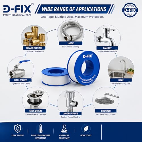 Image of D-fix Thread Seal Tapes Teflon Pipe Sealant Industrial Thread Sealants Plumbers for Leak Water Plumbing Air Head Pipe 12mm x 10Mtr (White, 10Pcs)