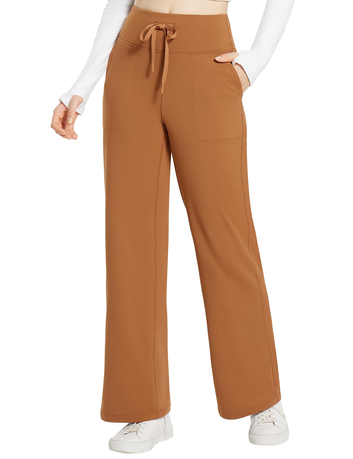 baleaf Thermo-yogabroek voor dames, brede broek met zakken, joggingbroek, hoge taille, winter, warm, comfortabel, lounge, sportbroek, trainingsbroek, trekkoord, zwart, XL