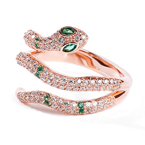 GNOCE "Creative Life Force 18K Rose Gold S925 Sterling Silver Green Snake Ring with Clear Cz Stones Womens Cool Crystal Jewelry Accessories Snake Rings for Women Fashion Rhinestones Rings (8(U.S))