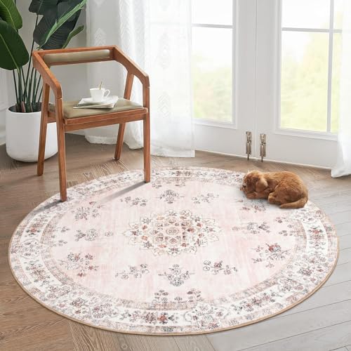 Image of Lahome Pink Washable Round Rug 5ft, Soft Europe Vintage 5x5 Circle Rug for Nursery Kids Playroom, Non-Slip Floral Pastel Circular Carpet for Aesthetic Home Decorations Bedroom Decor