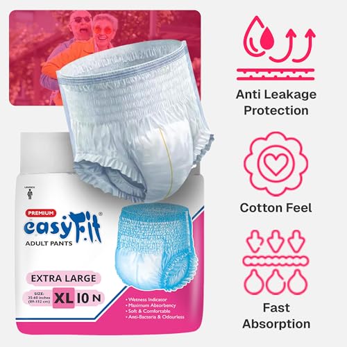 Image of Easyfit Adult Diaper Pants | 10 Count (Extra Large) | Waist 35-60 inch (88-152 cm) | Unisex | Leak Proof | Wetness Indicator | Overnight Protection | Elastic Waist | Anti-Bacterial Absorbent Core