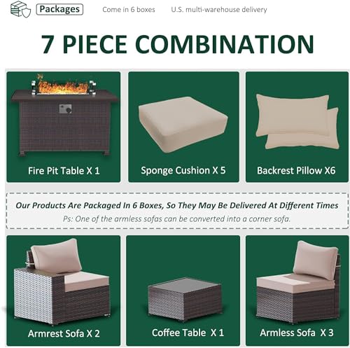 Image of 7 PCS Outdoor Patio Furniture Set,Outdoor Sectional Furniture with 43 inch 55000 BTU Gas Propane Fire Pit Table,All Weather PE Rattan Wicker Patio Conversation Set,Sand