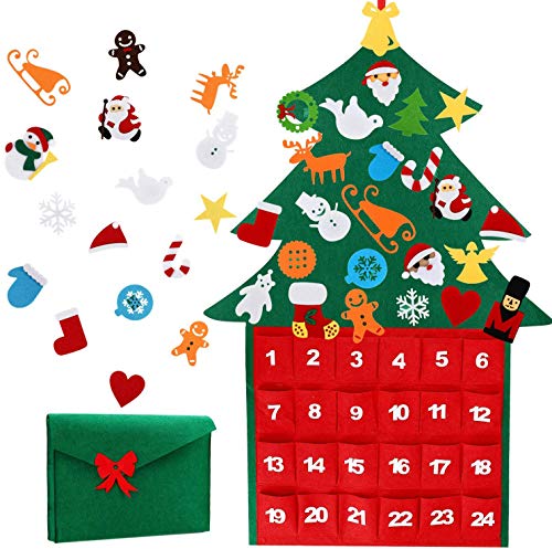 Tencoz Felt Christmas Tree Fabric Advent Calendar, 24 Days Countdown to Xmas DIY Decorations Wall Door Hanging Gift with Pockets for Kids