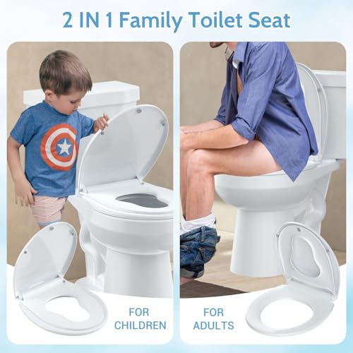Toilet Seat Cover, White Round Toddler Toilet Seat with Secure Lock, Dual-Function Design, Child-Friendly and Adult-Friendly, Easy to Install for Growing Families