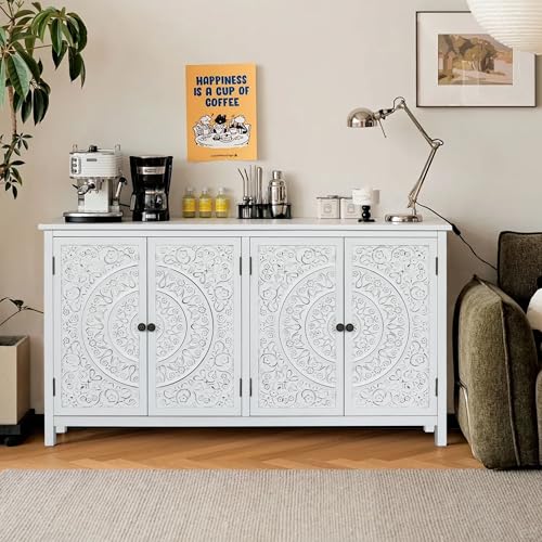 LKTART 60" Vintage Sideboard Buffet Cabinet with 4 Carved Doors, Accent Credenza Storage,Media Console Cabinet, for Entryway,Living&Dining Room, Antique White