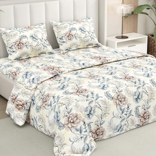 Image of Rivermoor 144 TC Cotton Bedsheet for Double Bed | Queen Size Bed Sheet with 2 Pillow Covers | Ivory & Blue Botanical Floral | 90 x 100 Inches