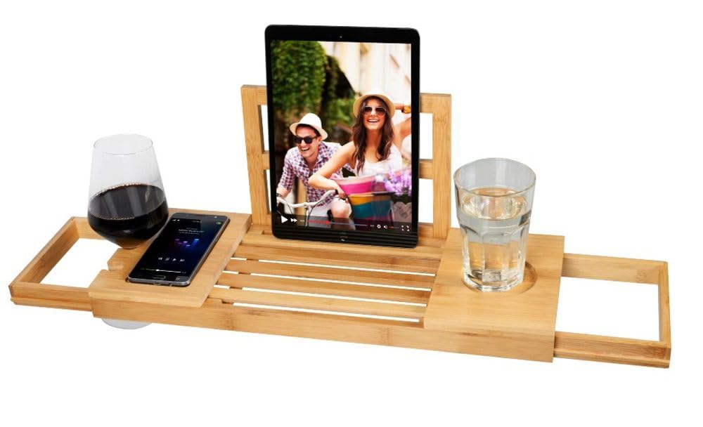 Alpina Bandeja Bañera Ajustable - Estanterias Baño 50-92 x 18 x 4 cm - Bandeja Bambú con Soporte para Libros y Soporte para Tableta - Incl. Soportes para Vasos - Mueble Baño