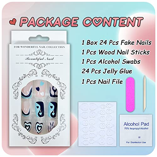 Heart Press On Nails Short Square Fake Nails Blue Full Cover French Tip Nails Valentines Day False Nails With Designs Flame Acrylic Nails Glossy Artificial Stick On Nails Nail Supplies For Women Girls #TOP3