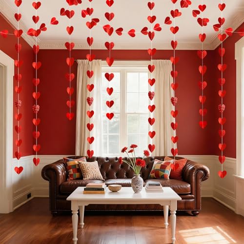Image of Red Heart Garland Valentines Day Party Decoration Love Streamer -39Ft Glitter Bunting Banner for Wedding Engagement Anniversary Mother's Day Bridal Shower Party Supplies