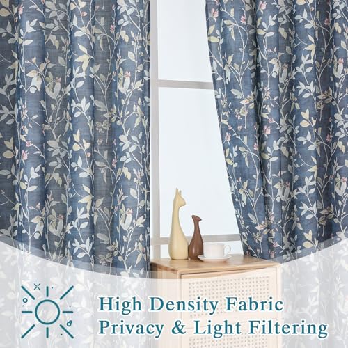 Image of Chyhomenyc Light Filtering 84 Inch Window Curtains - Linen Blend Floral Printed Curtains Drapes for Living Room, Soft Farmhouse Curtain for Bedroom, 52Wx84L Inch, 2 Panels, Blue
