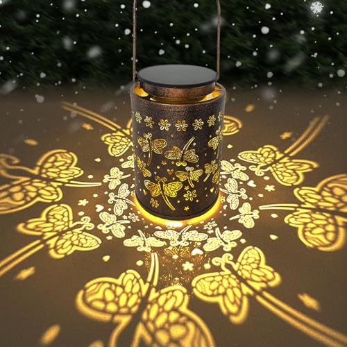 Decorative Solar Lantern Outdoor, Hanging Garden Light with Ladybug Pattern Projection, Waterproof Metal Lantern for Patio Yard Porch, Unique Gift for Women Men Mom Grandma