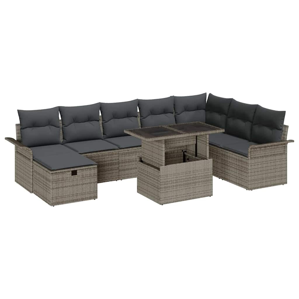 vidaXL Zestaw Sof na Ogród z poduszką 9 pcs Szary Polirattan, Zestaw sofy na dwór, nowoczesny, modułowy, odporny na UV, z możliwością regulacji, idealny na lato