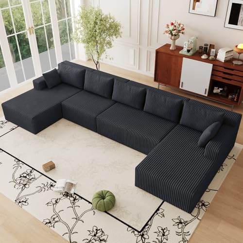 Image of 160 inch W Cloud Sectional Couch,Modern U-Shaped Cloud Couch with Deep Seat,Comfy Corduroy Sofa,Memory Foam Sofa for Living Room,No Assembly (Black,Right-Facing Chaise)