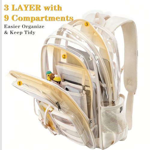 Image of Three-layer Clear Backpack, Heavy Duty Clear Bookbag for Kids, See Through Backpack Transparent Bag for Girls Boys (Beige)