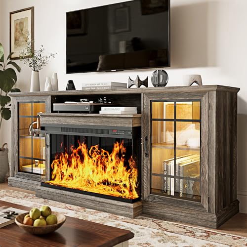 Image of MXV 70'' Fireplace TV Stand, Farmhouse Entertainment Center with 3 Sided Glass TV Stand, Modern Media Console Table with Storage Drawers & Cabinets with LED Flame and Lights for Living Room, Gray
