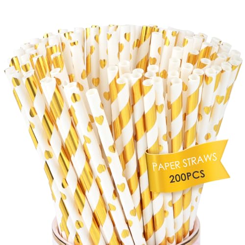 200PCS Pajitas de Papel Biodegradables, Dorado Pajitas Biodegradables Cañitas para Fiestas, Cumpleaños y Celebraciones