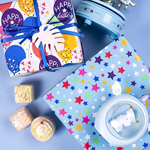 Lezakaa Reversible Birthday Wrapping Paper Jumbo Roll - Colorful Balloon & Stars - 24 Inches X 100 Feet (200 Sq.ft.) #TOP2